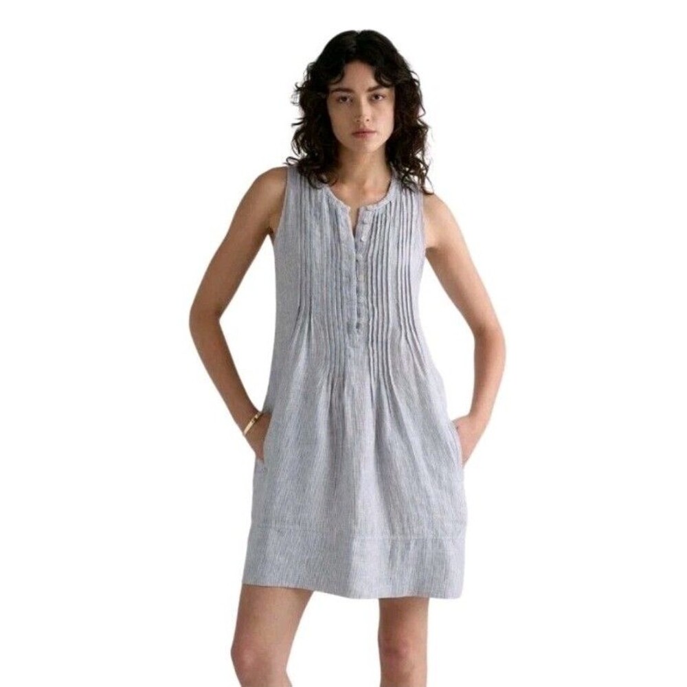 Quince 100%European Linen Sleeveless Swing Dress Women M Blue Stripe Pocket*READ